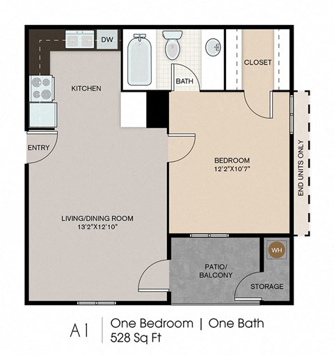 Floor plan for 1 bed, 1 bath, 528 sqft